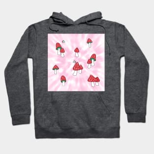 Aesthetic Red Hatted Mushrooms and Butterflies on a Pink Pastel Tie Dye Background Hoodie